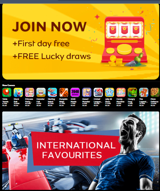 A screenshot of a website offering subscriptions to apps and premium services. There are two banners on the website, with the one above displaying the text "Join Now". The banner at the bottom displays sports-related images (football and car racing). 