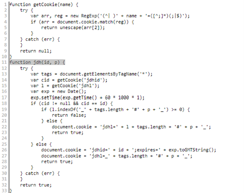 A screenshot of the JavaScript code where the malware checks if a premium service page has already been visited. 