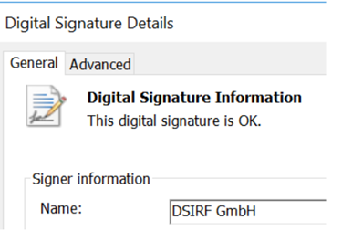 A screenshot of the digital signature details tab from the file properties page. The tab states that the digital signature for the file is OK. The name indicated under the signer information portion is DSIRF GmbH.