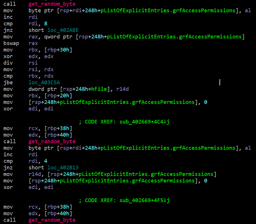 Partial screenshot of a Hive variant's encryption technique in assembly code.