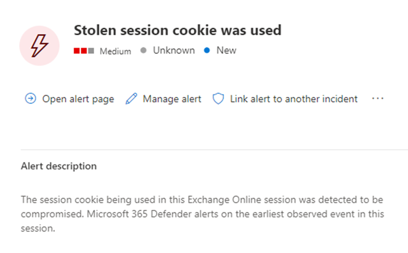Partial screenshot of Microsoft 365 Defender displaying the alert "Stolen session cookie was used".