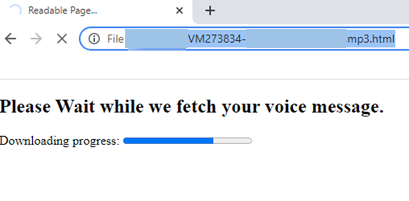 Partial screenshot of an HTML page with the text "Please Wait while we fetch your voice message." Below the text is a progress bar indicator with the label "Downloading progress:".