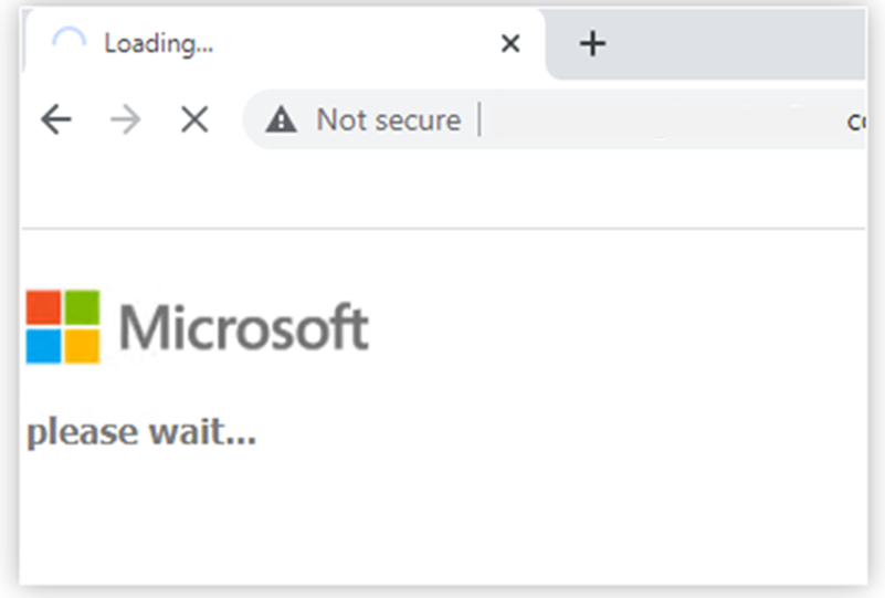 Microsoft のロゴと「しばらくお待ちください...」というメッセージが表示された Web ページのスクリーンショットの一部。