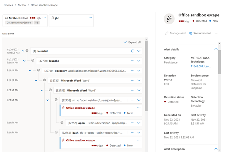 Partial screenshot of Microsoft Defender for Endpoint detecting an Office sandbox escape vulnerability. 

The left panel shows the Alert Story with timestamps. The right panel shows the Alert details, including category, MITRE ATT&CK techniques, detection source, service source, detection status, and other information.