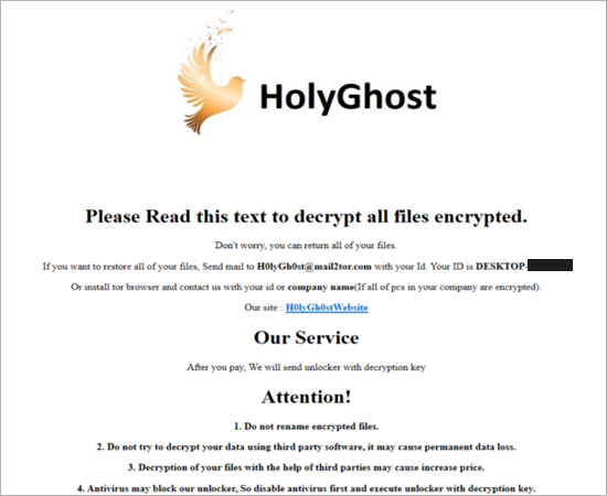 A screenshot of the ransom noted displayed by the H0lyGh0st ransomware. The page has a white background with black text, and presents information on how the ransomware victim can restore their files. 