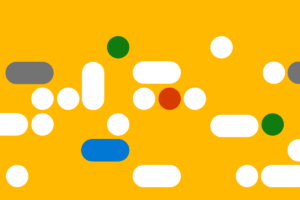 Digital art with yellow background and white, blue, green, red, and grey bars and dots displayed at random.