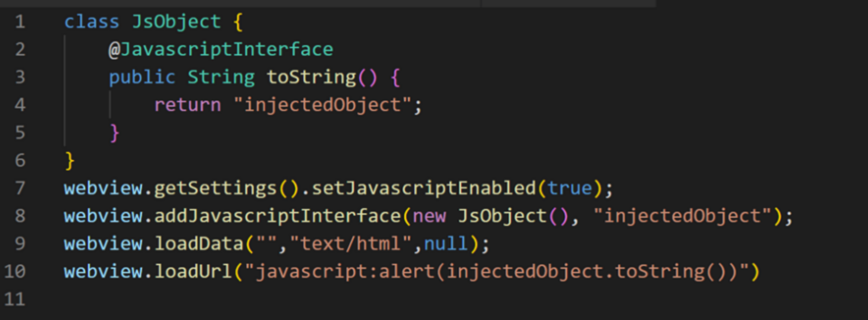 JavaScript インターフェイスを WebView オブジェクトに追加することを示すコード