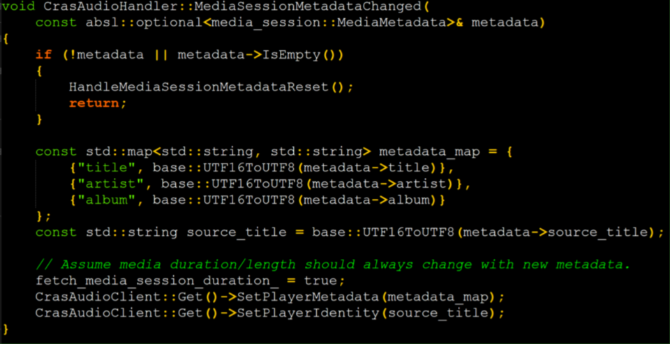メタデータの変更によってトリガーされる SetPlayerIdentity を示すコード