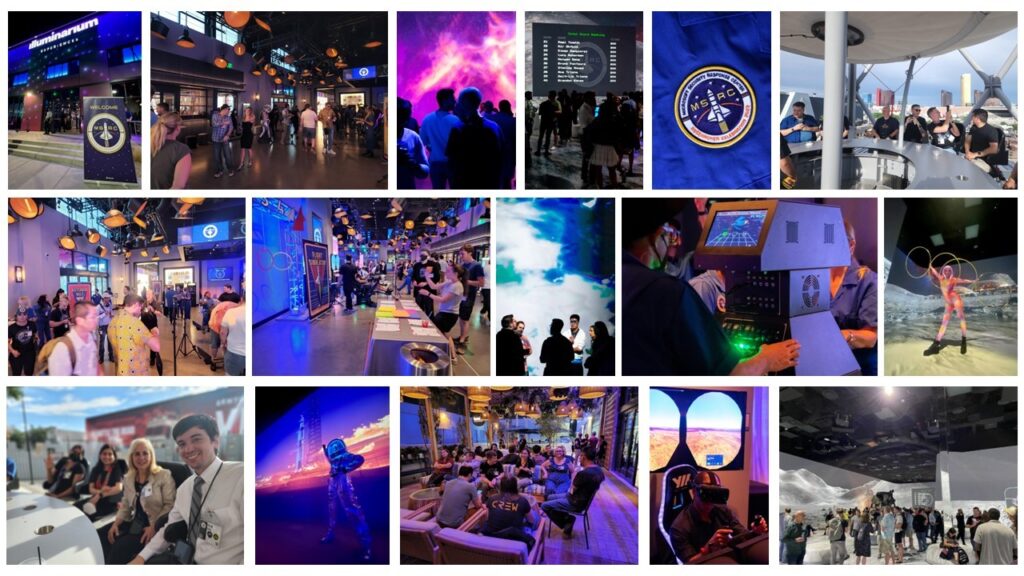 ラスベガスのイルミナリウムで開催された Microsoft の毎年恒例の Researcher Celebration イベントで、さまざまな体験をしている人々を示す画像のコラージュ。