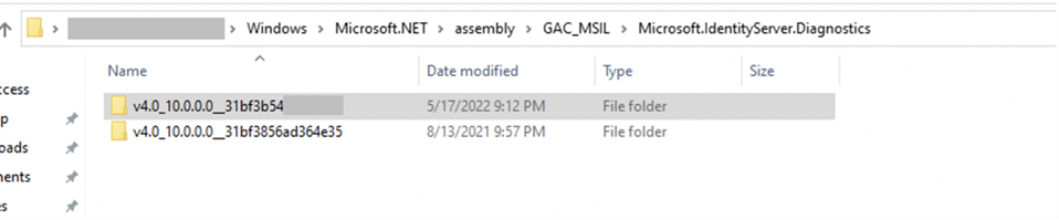 Screenshot of Windows File Explorer showing the Microsoft.IdentityServer.Diagnostics. directory with two folders. The folder name related to the malicious file is partially redacted.
