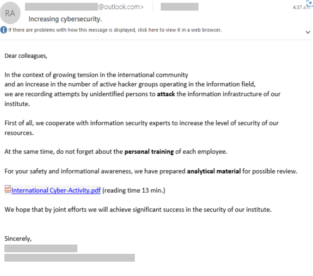 A screenshot of a phishing email sent by SEABORGIUM to their target. The email impersonates the lead of an organization and informs the recipient of possible attackers against their organization. The email then tells the recipient to open an attached PDF file, disguised as analytical material for safety and informational awareness.
