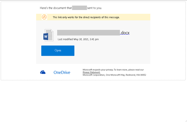 A screenshot of a fake OneDrive email notification sent by SEABORGIUM to their target. The email informs the recipient of a file shared with them, followed by a link. The link leads to a phishing URL controlled by SEABORGIUM actors.