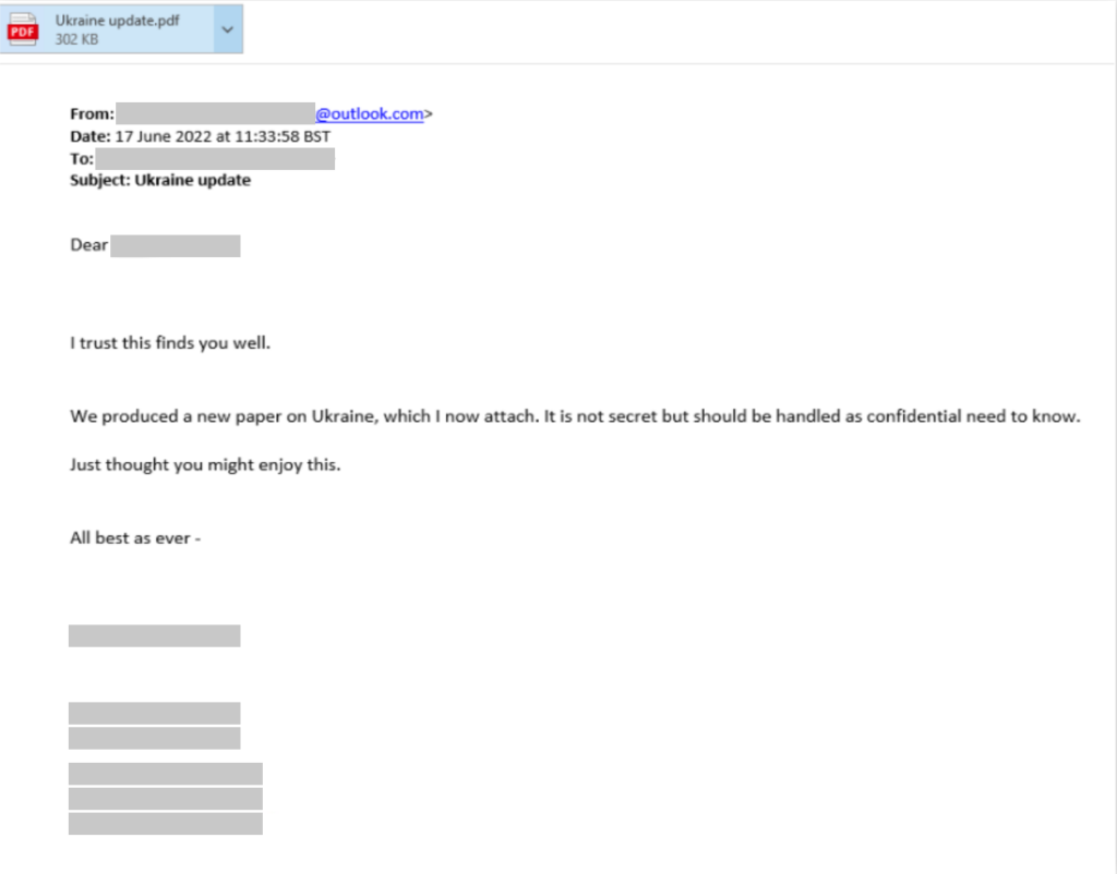 A screenshot of an email sent by SEABORGIUM which used the Ukraine conflict as a social engineering lure. The email contains a PDF file, which the email sender mentions as a new paper about Ukraine they’d like the recipient to check.