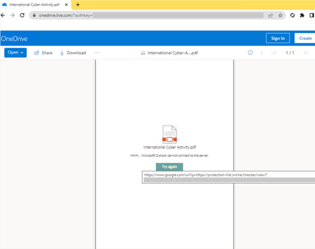 A screenshot of a PDF file hosted on a OneDrive account controlled by SEABORGIUM, like the one mentioned on figure 6. A box with the text “try again” is displayed, which is hyperlinked to a Google redirect link, further leading to a phishing page.