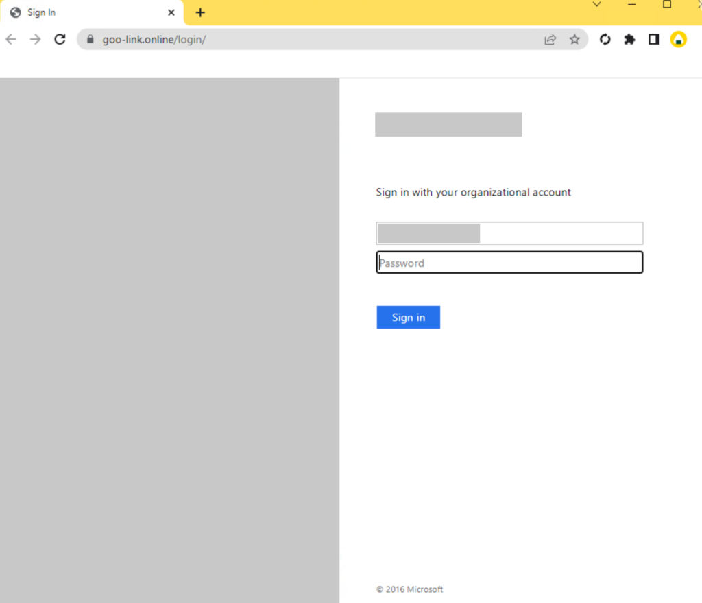A screenshot of a phishing page used by SEABORGIUM. The phishing page impersonates a victim organization and asks the target to sign in with their account details.