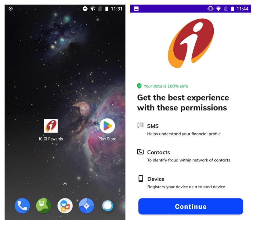 Screenshots of the fake app installed on the mobile device and where it states the Android permissions it needs to be enabled. The app uses an India-based bank's logo to appear legitimate.