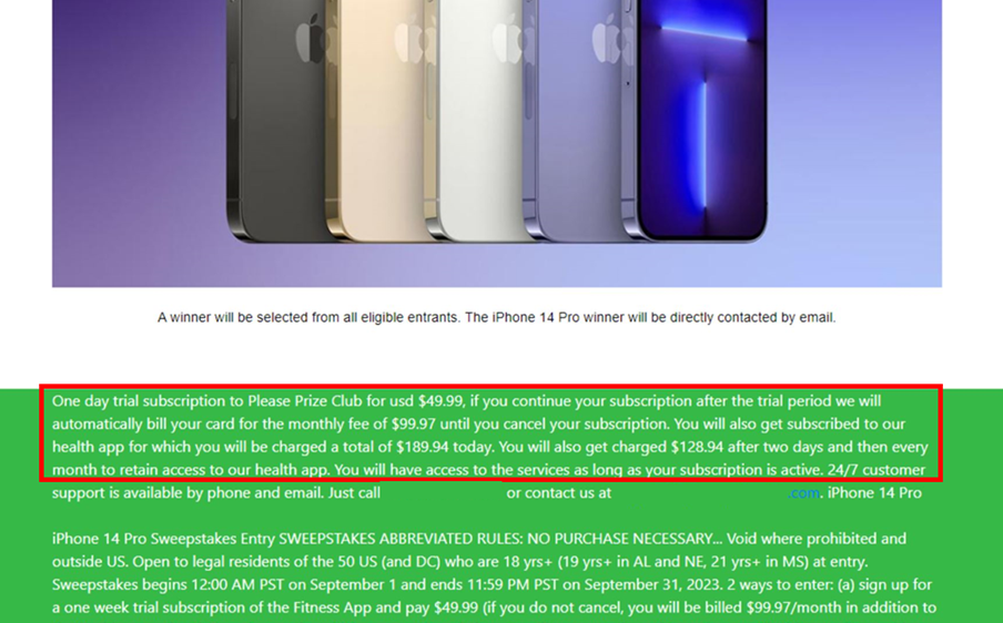 A screenshot of the text at the bottom of the webpage where the target is asked to pay for a supposed shipping fee. The text indicates the details of the several paid subscriptions they are signing up for by entering their details on the page. It also reveals that the target did not win a device, but only signed up to join a sweepstakes to win an iPhone. 