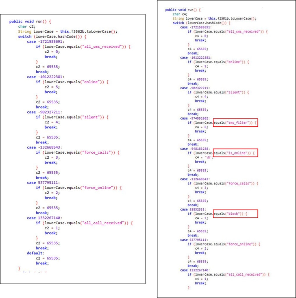 Screenshots of codes comparing the malware samples as reported in 2021 and 2022. The 2022 sample has added commands compared to the 2021 sample.