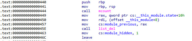 ロードされたモジュールをリストし、それ自体と XorDdos マルウェアをリストから削除するルートキットの機能のコード スクリーンショット。