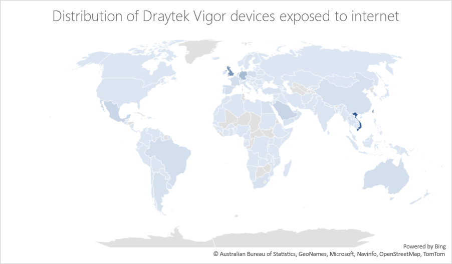 インターネットに公開されている Draytek Vigor デバイスの世界的な分布を示す地図