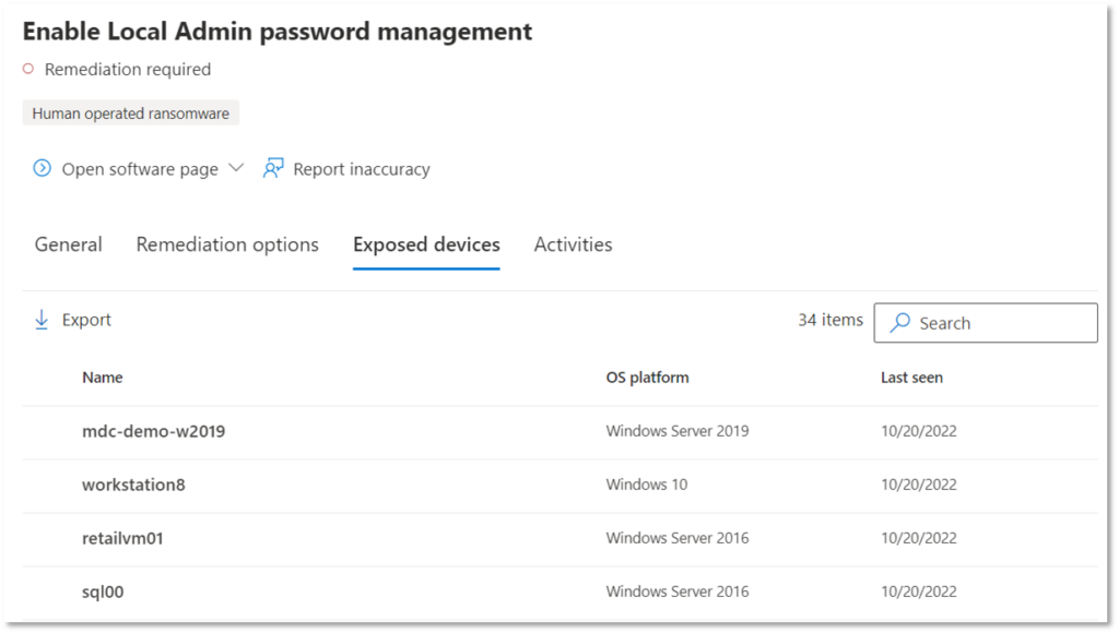 This screenshot shows a security recommendation on Microsoft Defender for Endpoint called Enable Local Admin password management is active. This reveals that 8,000 devices out of 50,000 devices are exposed.