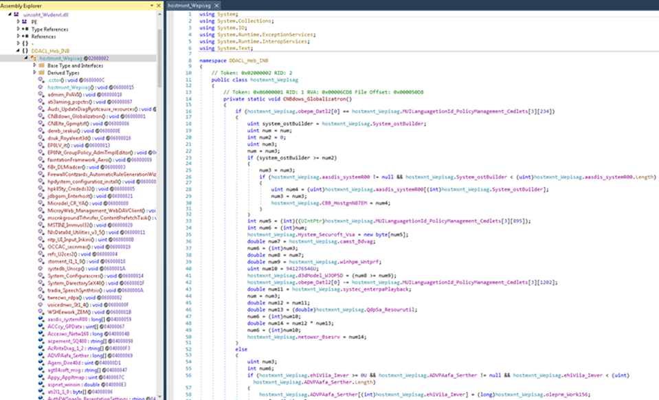 This screenshot of the DNSpy app user interface shows the obfuscation of the .NET DLL file believed to be creating Raspberry Robin LNK files in USB drives.