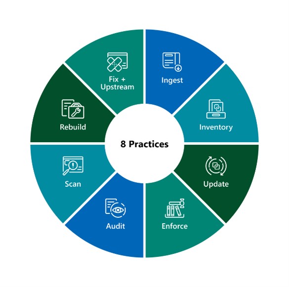 Sunburst chart conveying the eight areas of practice requirements to address the threats and reduce risk: ingest, inventory, update, enforce, audit, scan, rebuild, and fix and upstream. 