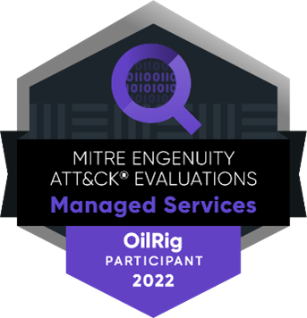 The MITRE Engenuity ATT&CK Evaluations Managed Services OilRig 2022 participant badge.