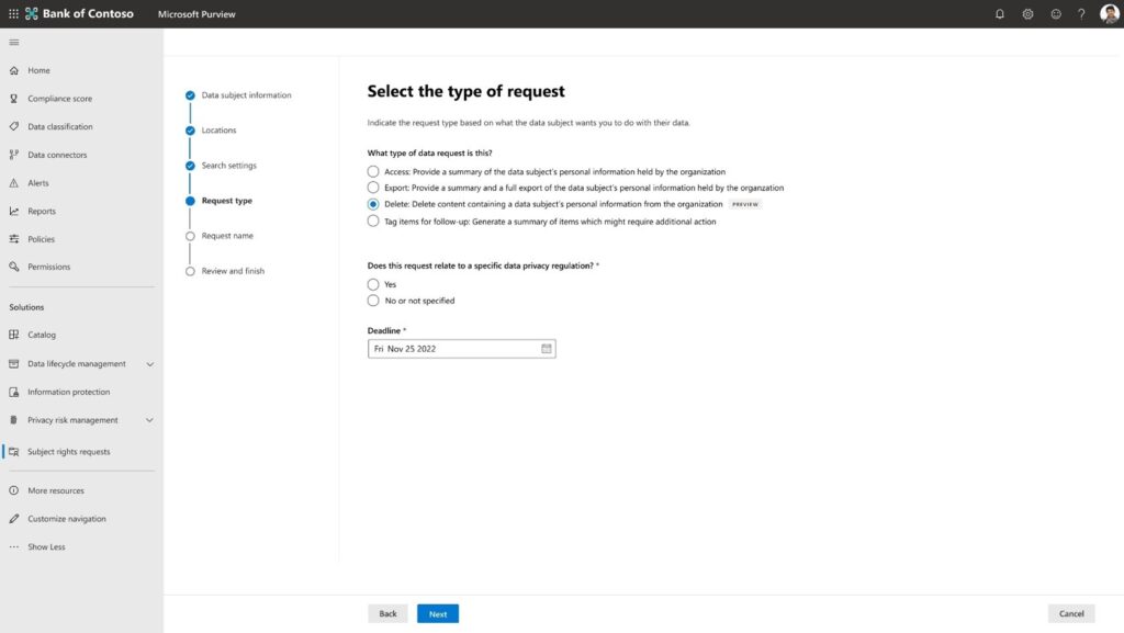 Delete request type option selected under the “Select the type of request” menu from the Priva Subject Rights Requests custom request creation process.