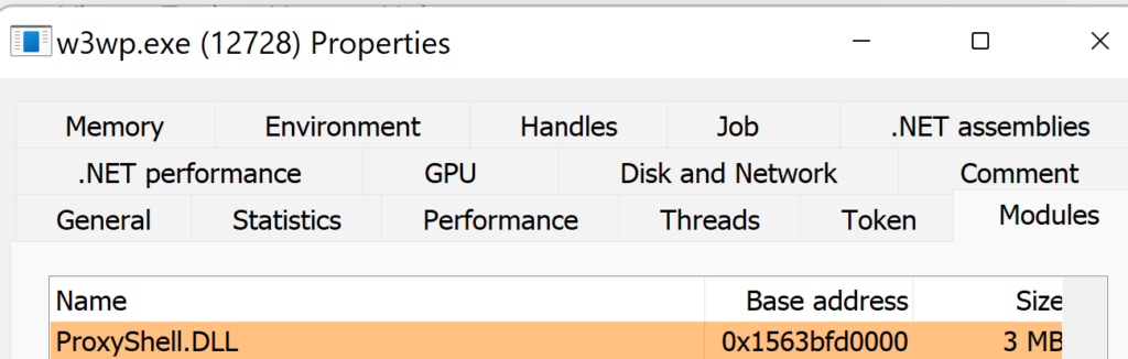 A screenshot of Process Hacker showing ProxyShell.DLL loaded into w3wp.exe under the Modules tab. The name of the window is w3wp.exe (12728) Properties.