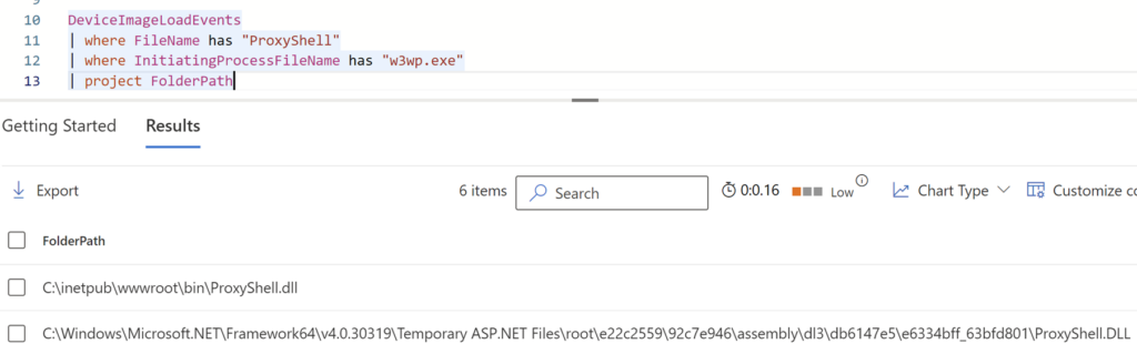 A screenshot of the Advanced Hunting query window in Microsoft Defender for Endpoint. The KQL query run is: DeviceImageLoadEvents | where FileName has “ProxyShell” | where InitiatingProcessFileName has “w3wp.exe” | project FolderPath. The results of the query are two folder paths: “C:inetpubwwwrootbinProxyShell.dll” and “C:WindowsMicrosoft.NETFramework64v4.0.30319Temporary ASP.NET Filesroote22c255992c7e946assemblydl3db6147e5e6334bff_63bfd801ProxyShell.DLL”.