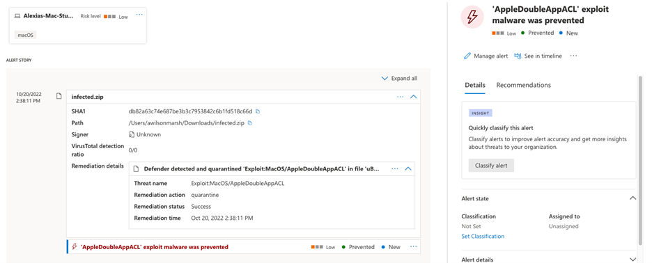 Microsoft Defender for Endpoint detecting and preventing an AppleDouble file