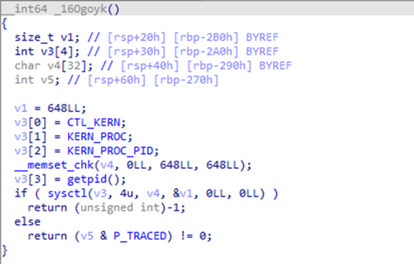 Screenshot of EvilQuest's code checking for the P_TRACED flag.