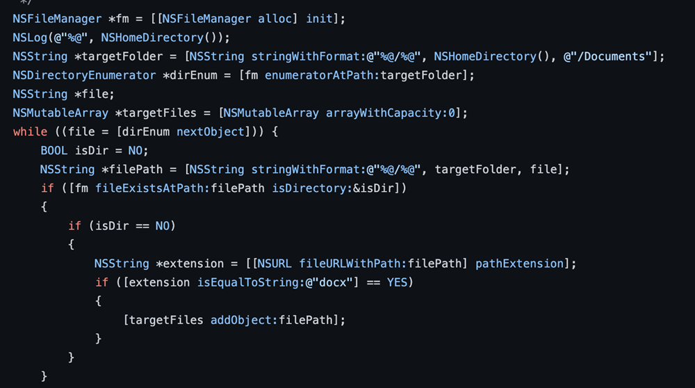 Screenshot of Gopher POC's code using the NSFileManager to enumerate files.