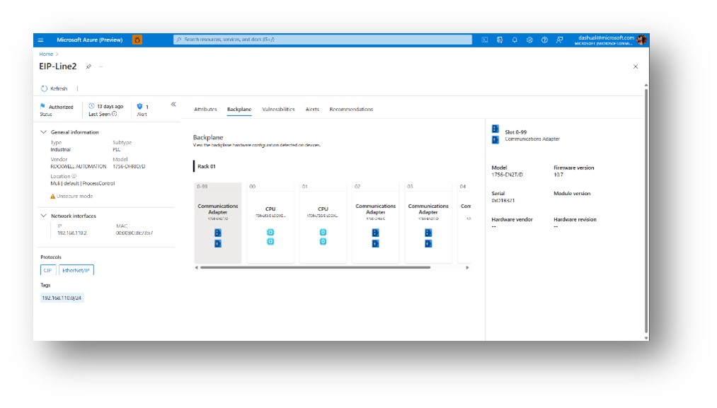 Screenshot of Microsoft Defender for IoT’s graphical user interface displaying specific device details for a selected device in the environment, including type, subtype, vendor, model and firmware version.