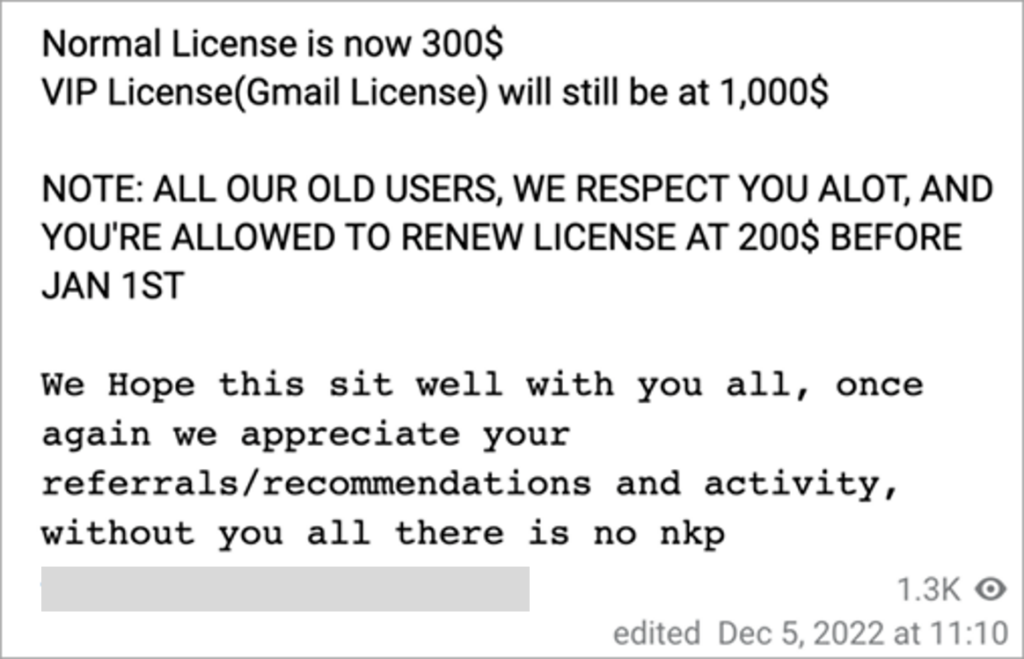 DEV-1101 announcement noting price increases for regular, VIP, and legacy user licenses.