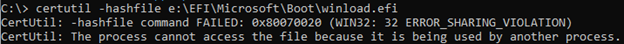 Screenshot of Certutil utility showing Error Sharing Violation message 