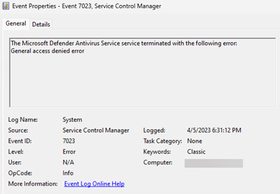 Screenshot of system event log showing Microsoft Defender Antivirus service has been terminated
