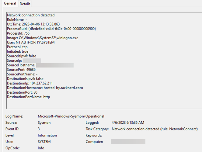 Screenshot of Sysmon event showing winlogon.exe attempting outbound connection on port 80