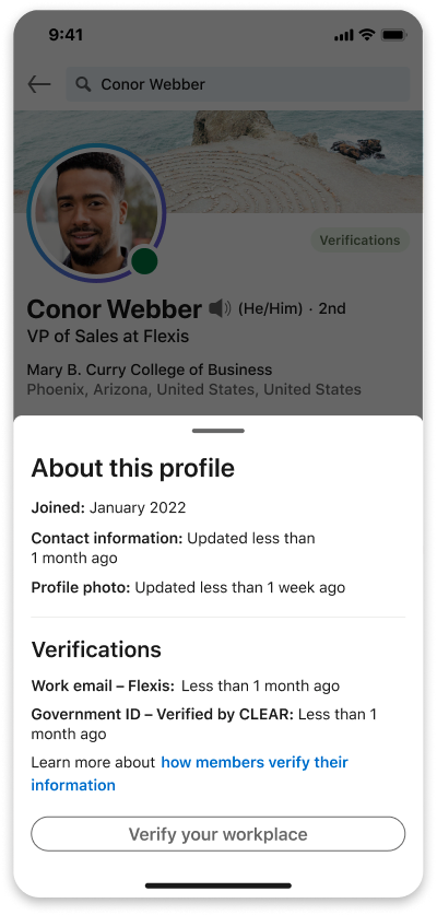 LinkedIn mobile app screen showing a member’s profile with a prompt to add a workplace verification to the profile and a button to verify now