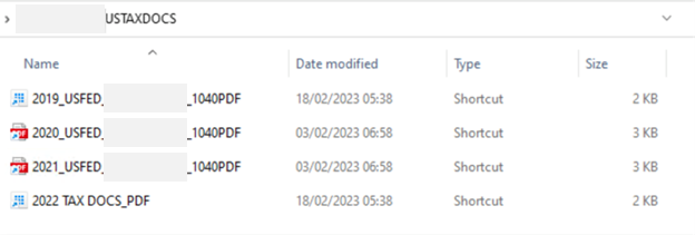 Screenshot of file names referencing tax documents