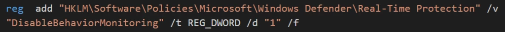Code displaying the addition of registry keys to disable Windows Defender
