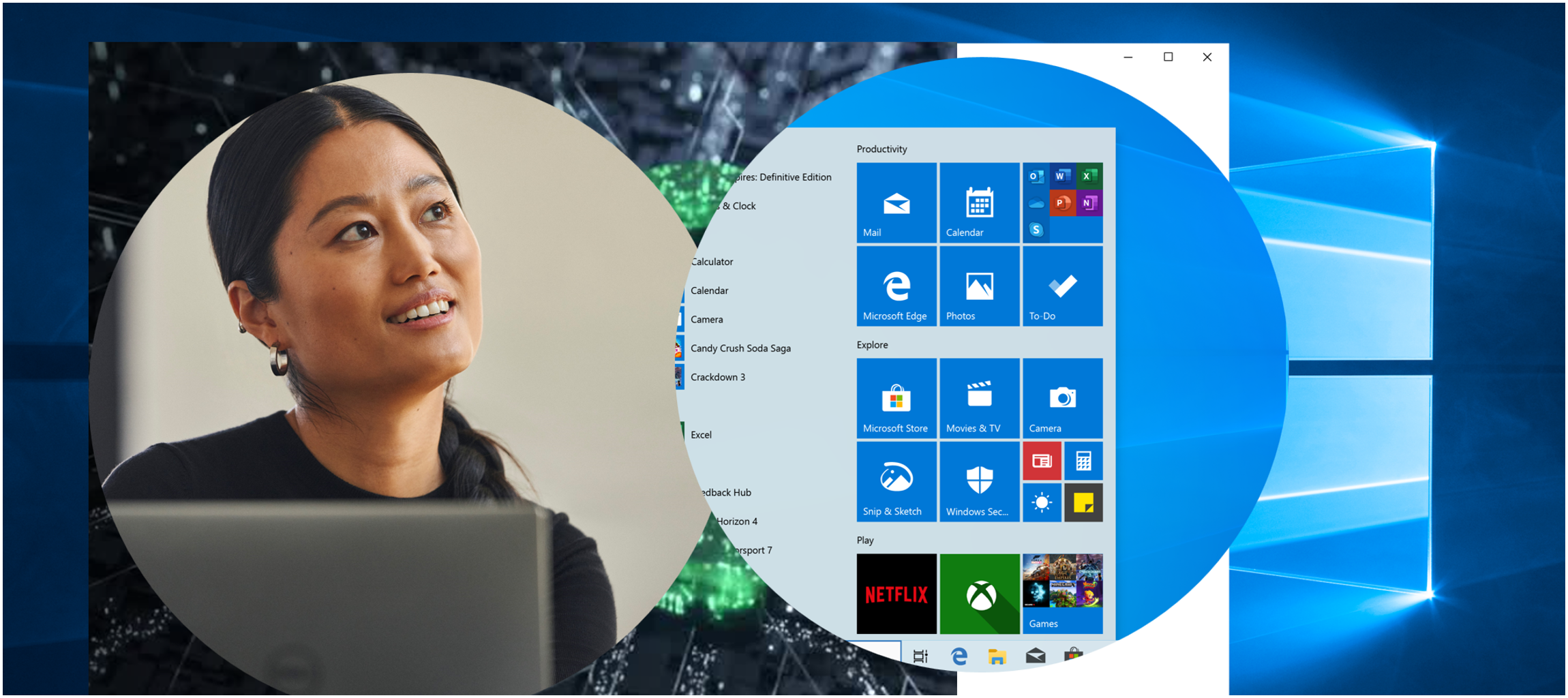 A woman with a computer next to a screenshot of a Windows home screen.
