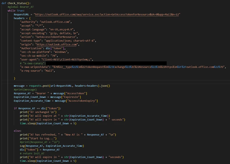 Screenshot of Python code snippet of the token refresh functionality