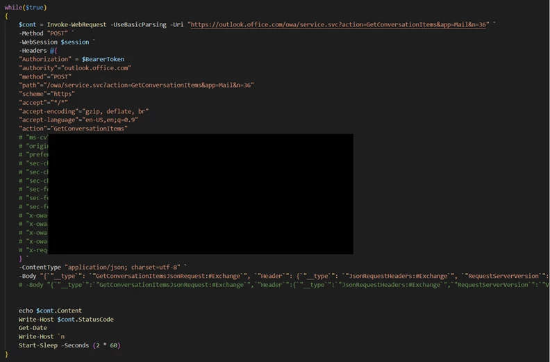 Screenshot of PowerShell code snippet of OWA REST API
