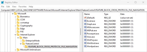 Screenshot of Registry Editor showing setting for the FEATURE_BLOCK_CROSS_PROTOCOL_FILE_NAVIGATION key