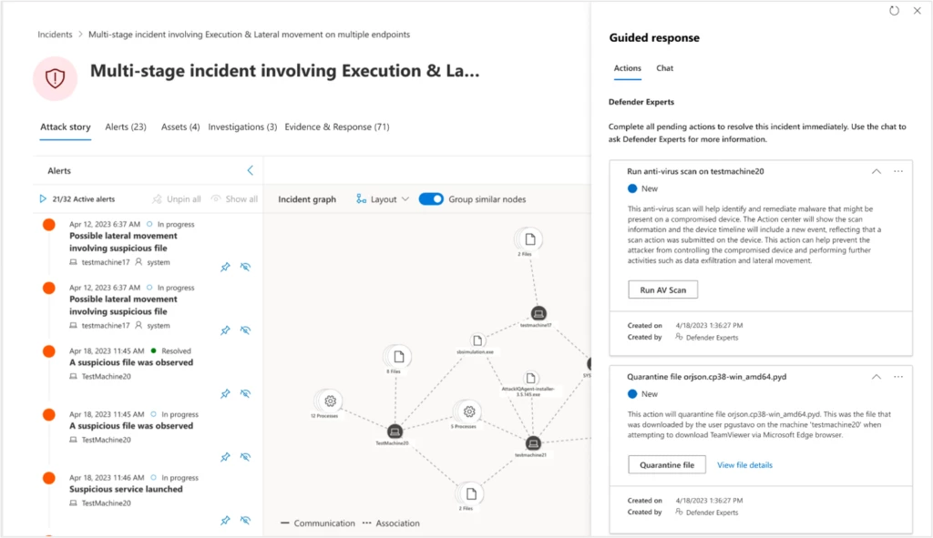 Screenshot of a multistage incident in the Microsoft 365 Defender dashboard.